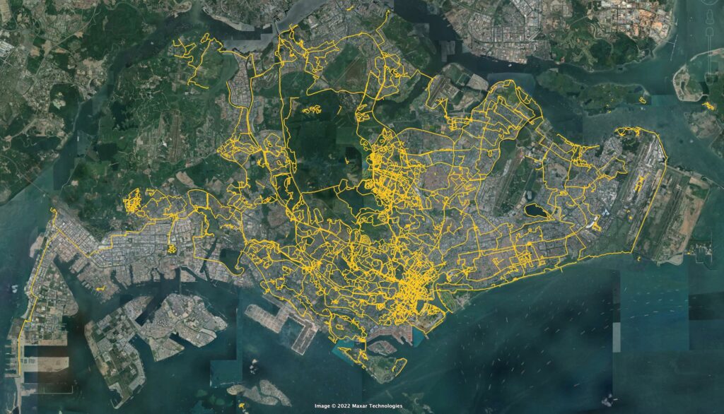 My walking map. Google Earth image of Singapore with yellow lines indicating all the paths I've walked so far