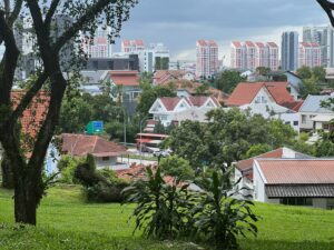 HDB flats in Bishan seen from a distance ascending Woodleigh Park hillside