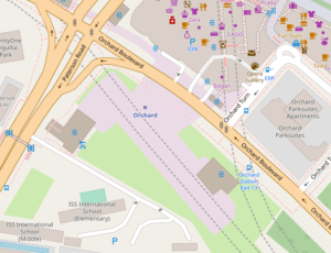 OSM street map of Orchard Boulevard, showing the box of the TEL platform of Orchard MRT station.