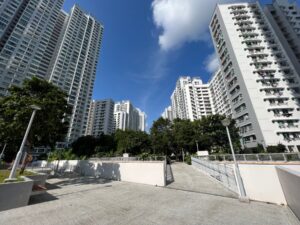 Some of the ten tower blocks making up Casa Clementi rising like canyon walls on both sides of the rooftop garden