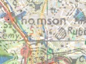 1945 topographical map overlaid onto contemporary OpenStreetMap showing a cart track where Jalan Pemimpin is today