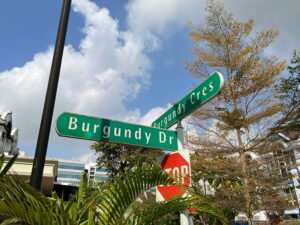Street signs for Burgundy Drive and Burgundy Crescent.