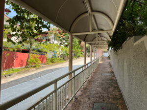 Interesting covered walkway heading up Chun Tin Road. Not entirely sure why they decided to build a shelter only along this short stretch of road when you still have to walk out into the open at either end. 