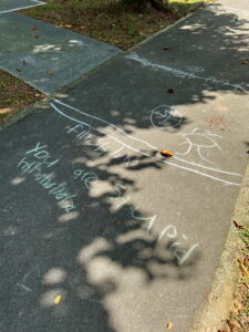 Some mischievous kid drew this on the ground. Finish line. You are supid. Hahahahhaa.