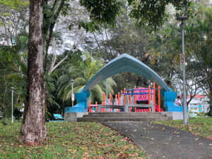 A uniquely-shaped sheltered pavilion in Sea Shell Park. Not entirely sure what nautical object it's meant to resemble